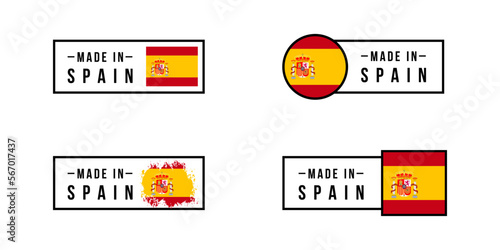 Set of sticker Made in Spain. Design labels with Spain flag for packaging, Factory, manufacturing and production country. Vector