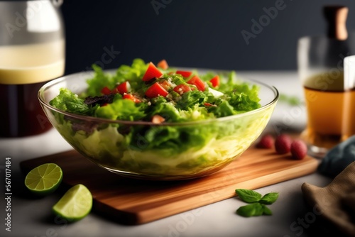 Une salade verte dans un saladier sur une planche en bois et un citron vert - generative IA photo