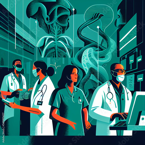 Characters of doctors and medics in science laboratory  vector illustration of medical scientific activity  healthcare clinic  pill development. Generative AI