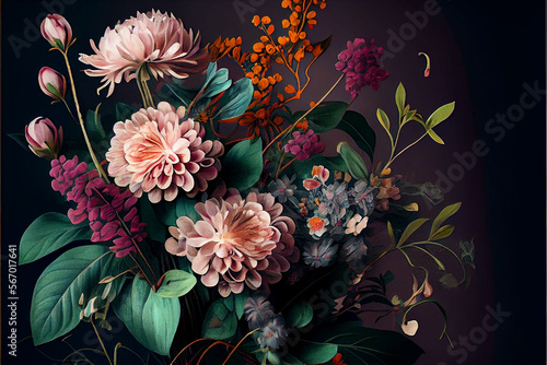 Bouquet of flowers peonies, roses, tulips, green leaves and fresh plants on a dark background, picturesque image, space for text, floral print, spring holiday flowers. Generative AI #567017641