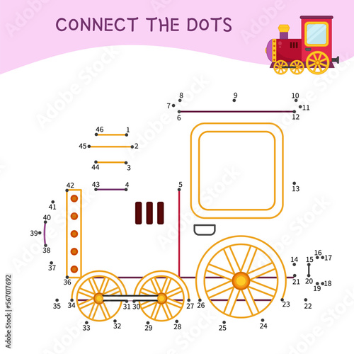 Educational game for kids. Dot to dot game for children. Vector illustration of cartoon locomotive.
