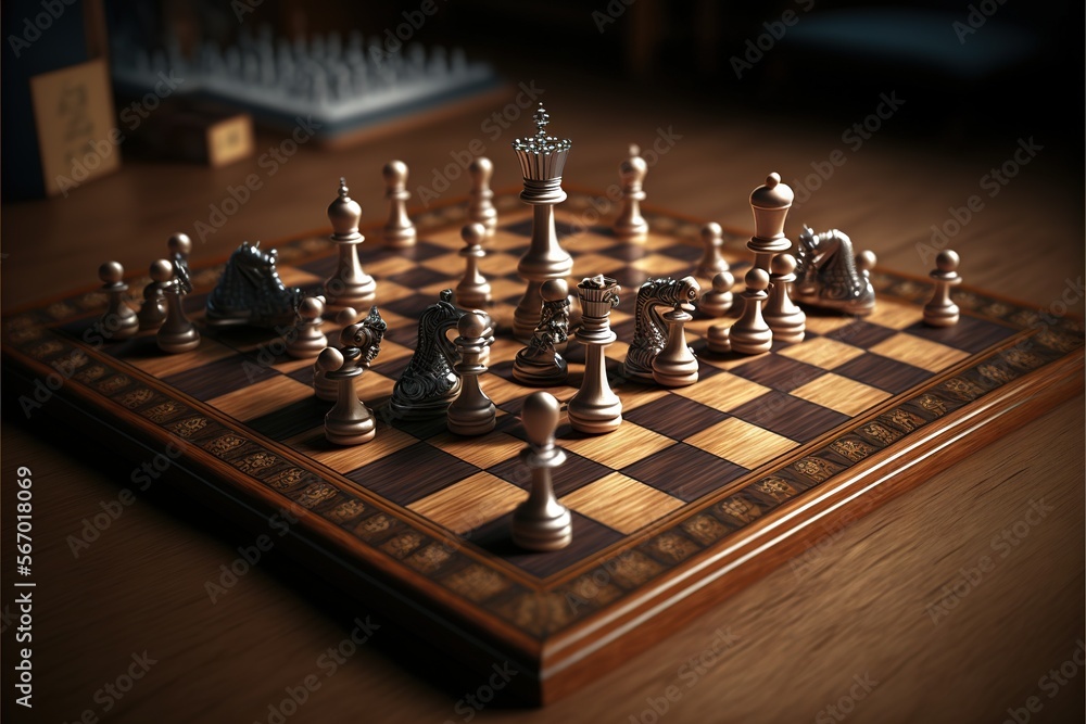 a wooden chess board with a chess set on top of it and pieces of chess on the board on the floor in front of the board. generative ai a wooden chess board with a chess set on top of it and pieces of chess on the board on the floor in front of the board. generative ai