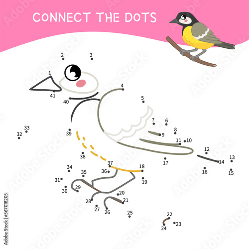 Educational game for kids. Dot to dot game for children. Vector illustration of a cute tit.
