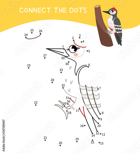 Educational game for kids. Dot to dot game for children. Vector illustration of a cute woodpecker.
