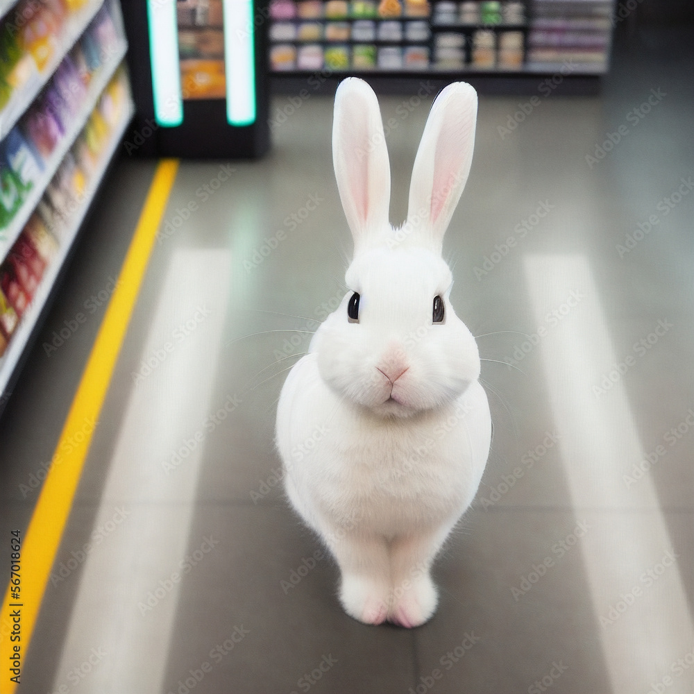 Interested white rabbit in supermarket Generative AI