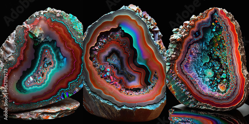 set of vertical background of natural volcanic agate stone texture, raw crystal. Fairburn agate colorful mineral rock. Pure quartz marble formation art. Orange, blue and cyan gemstone. Generative art
