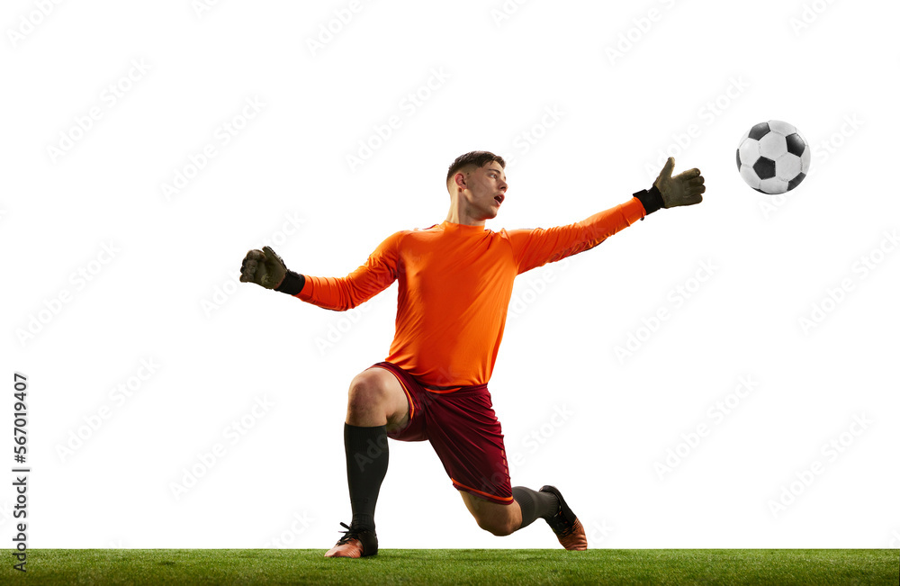 Young caucasian football player, male soccer goalkeeper wearing red football kit isolated over white background. Sport, hobby, success concept