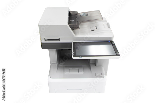 On top Photocopier, network printer is office worker tool equipment scanning and copy paper xerox photocopy. Printer with Copier, Fax and Scanner. Office Printing Appliances. Isolated on cutout PNG