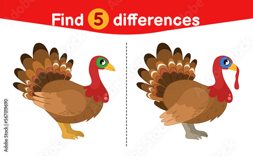 Find differences.  Educational game for children. Cartoon vector illustration of cute turkey.
