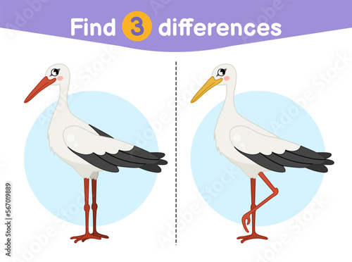 Find differences.  Educational game for children. Cartoon vector illustration of cute stork.