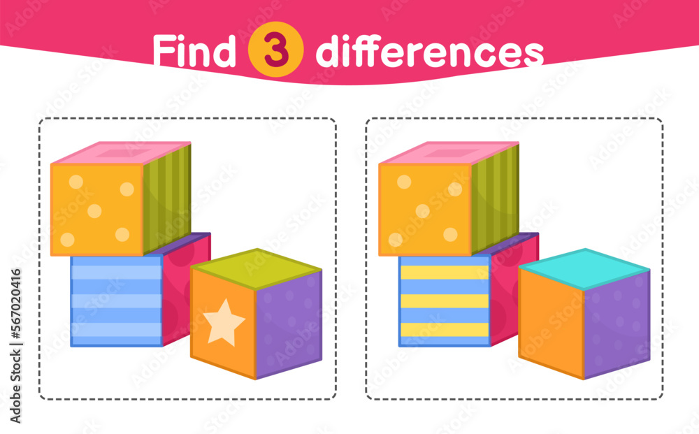 Find differences. Educational game for children. Cartoon vector illustration of toy cubes.
Find differences. Educational game for children. Cartoon vector illustration of toy cubes.