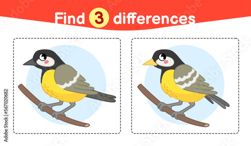 Find differences.  Educational game for children. Cartoon vector illustration of cute tit.
