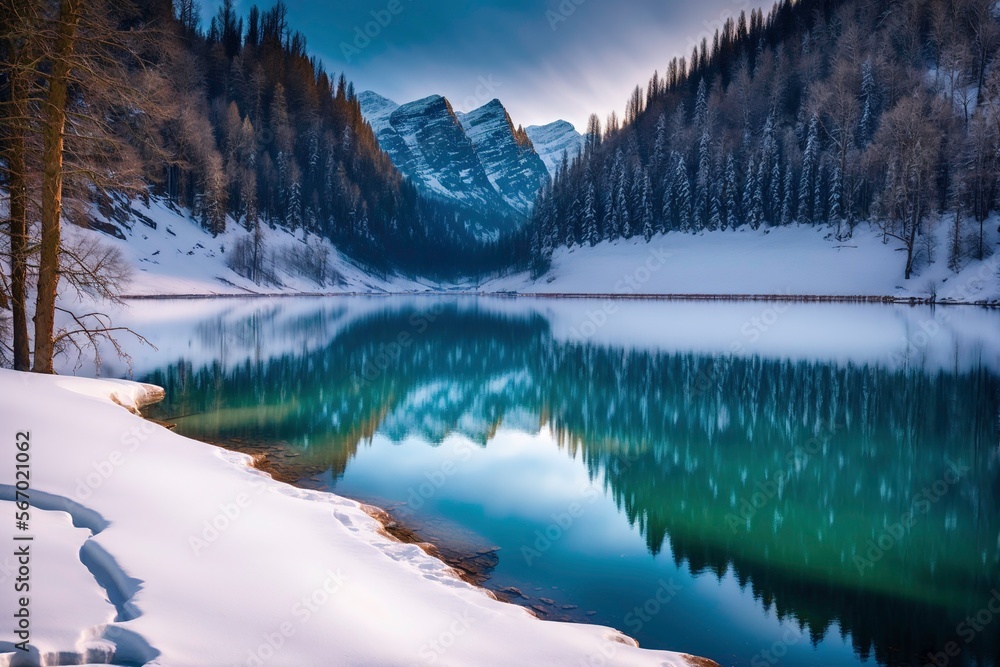 Photo of majestic lake in winter landscape with reflections and mountains in the background