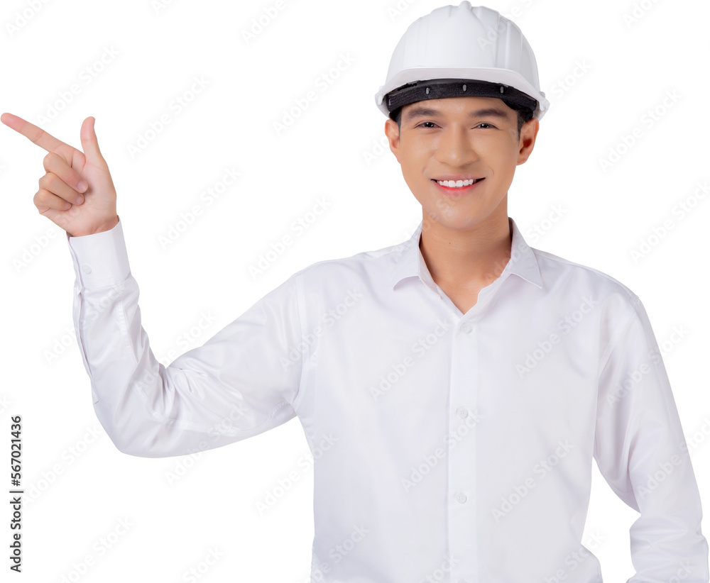 Portrait young asian man is engineer wearing helmet standing and smiling with confident, male is architect or contractor presenting or showing something, industrial concept.