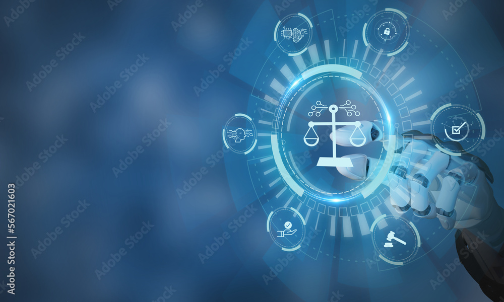 AI ethics or AI Law concept. Developing AI codes of ethics. Compliance, regulation, standard , business policy and responsibility for guarding against unintended bias in machine learning algorithms. AI ethics or AI Law concept. Developing AI codes of ethics. Compliance, regulation, standard , business policy and responsibility for guarding against unintended bias in machine learning algorithms.
