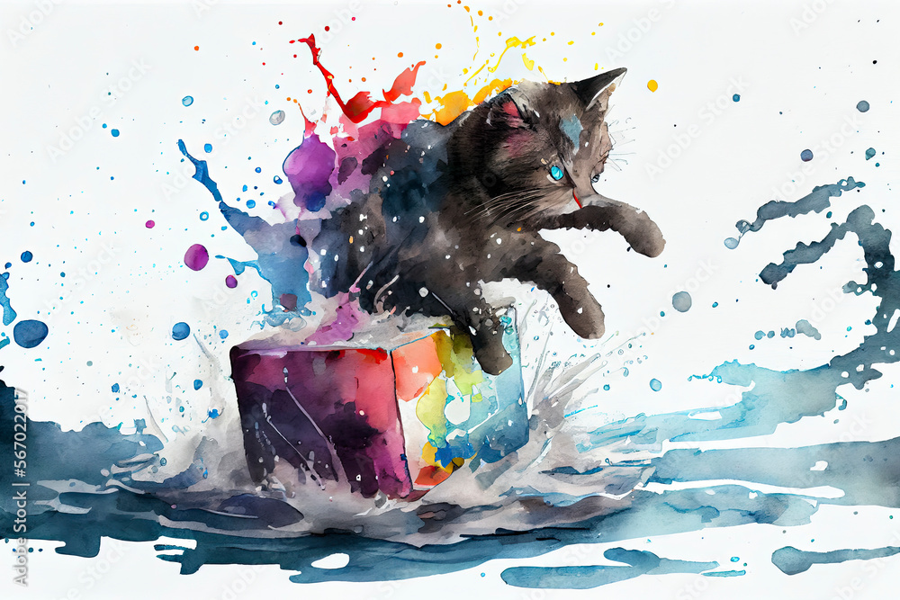 cute dark furry cat playing with colourful rubiks cube on the ocean