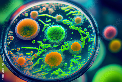 Macro close up shot of bacteria and virus cells in a scientific laboratory petri dish