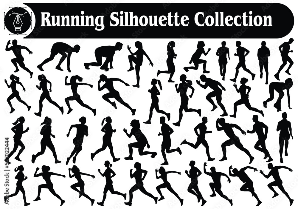 Naklejka premium Running Man and Woman silhouettes vector Collection
