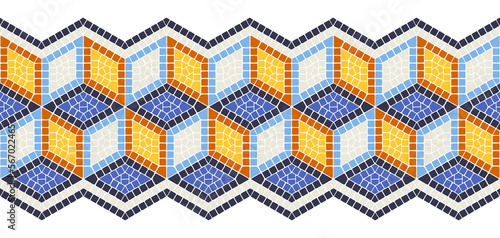 Ancient cube mosaic seamless border. Decorative antique stone ornament.