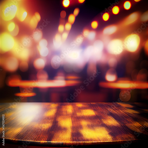 Nightclub background with a blurry effect and and empty table at the foreground, generative AI