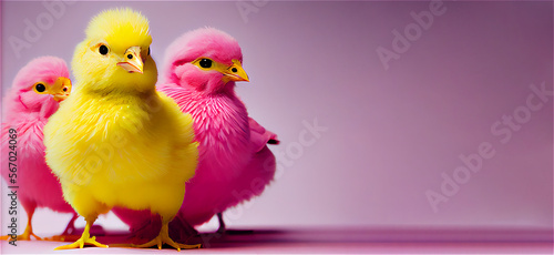 Pop fluffy chicken in bright pink and yellow, generative AI