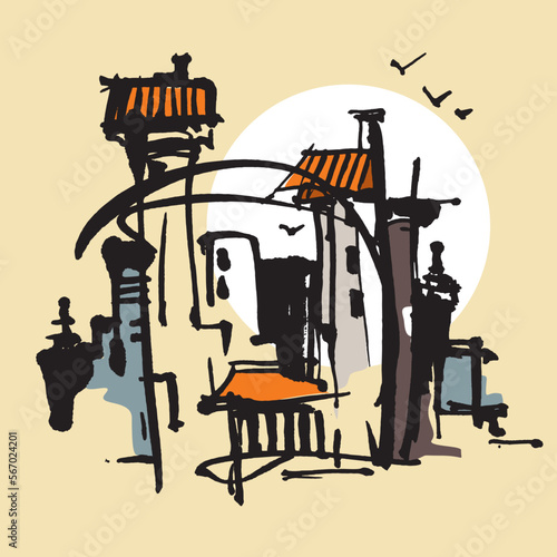 Architecture. Silhouette of the old city. Old houses with tiles. Cityscape. Hand drawn sketch