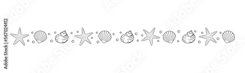 Seashells and starfish border divider outline. Sea and ocean design template. Vector illustration summer or beach party, advertising design