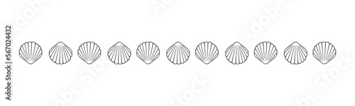 Seashells scallop border divider line art. Sea and ocean design template. Vector illustration summer or beach party  advertising design