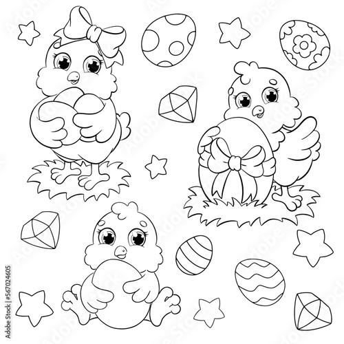 Coloring book page for kids. Set of cute Easter chickens. Farm birds. Cartoon style character. Vector illustration isolated on white background.