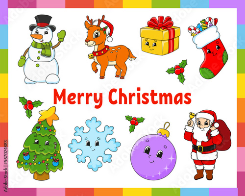 Set of stickers with cute cartoon characters. Winter clipart. Hand drawn. Colorful pack. Vector illustration. Patch badges collection for kids. For daily planner, organizer, diary.