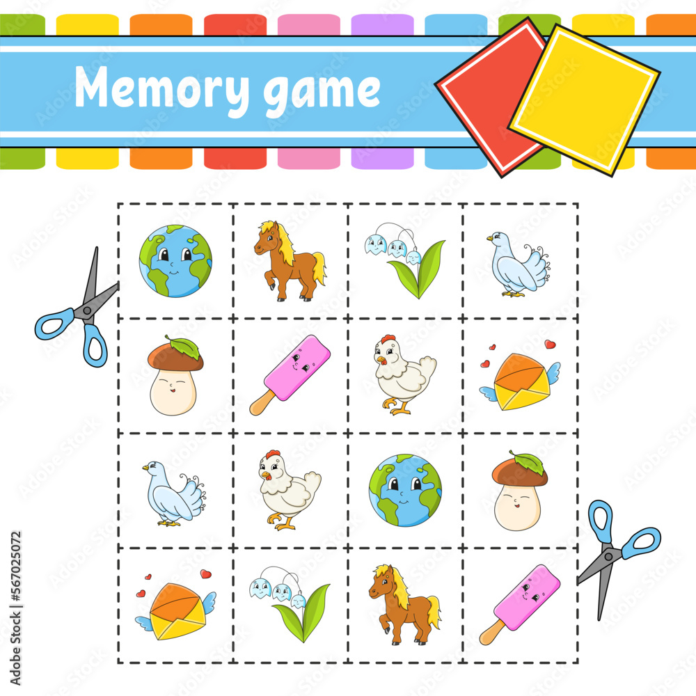 Memory game for kids. Education developing worksheet. Activity page with pictures. Puzzle game for children. Logical thinking training. Funny character. cartoon style. Vector illustration. Memory game for kids. Education developing worksheet. Activity page with pictures. Puzzle game for children. Logical thinking training. Funny character. cartoon style. Vector illustration.