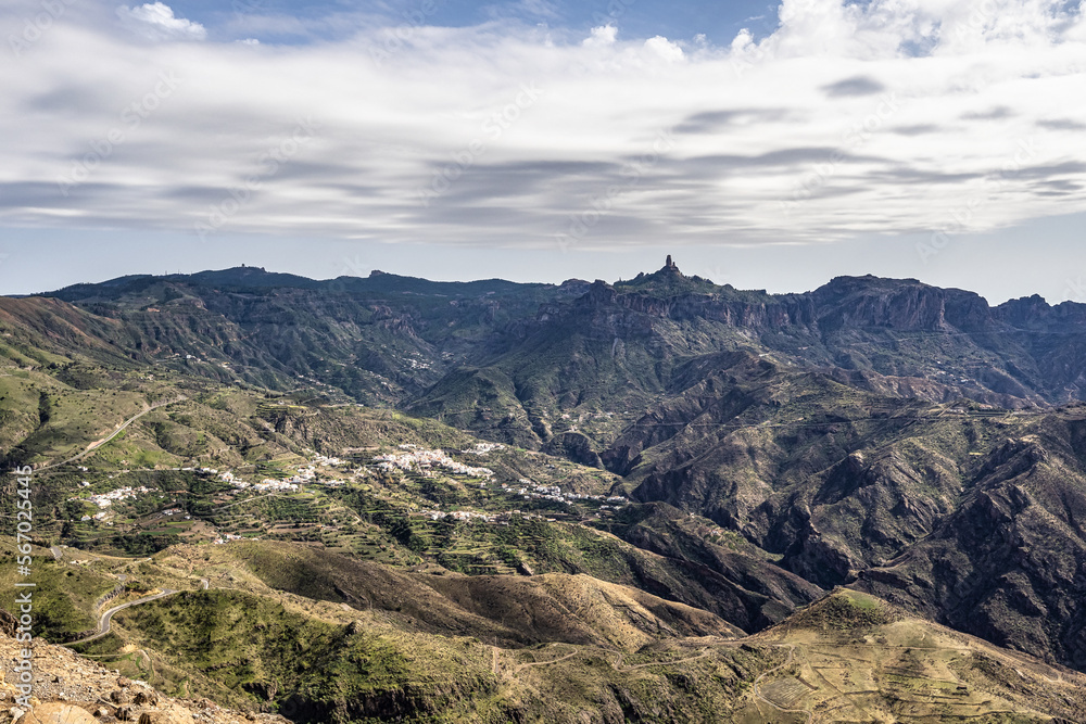 Gran Canaria hiking route Cruz de Tejeda to Artenara, view into Caldera de Tejeda, Canary Islands, Spain Gran Canaria hiking route Cruz de Tejeda to Artenara, view into Caldera de Tejeda, Canary Islands, Spain
