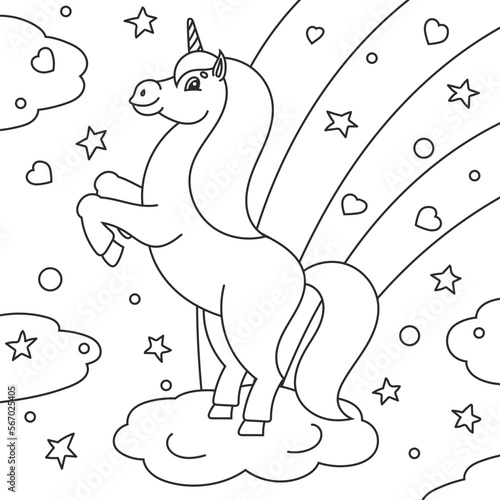 Coloring book for kids. The magical unicorn reared up. The animal horse stands on its hind legs. Cartoon style. Simple flat vector illustration.
