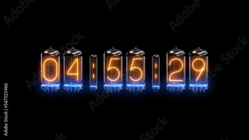 Countdown 5 minutes. Blue backlight. Nixie tube indicator countdown. Gas discharge indicators and lamps. 3D. 3D Rendering