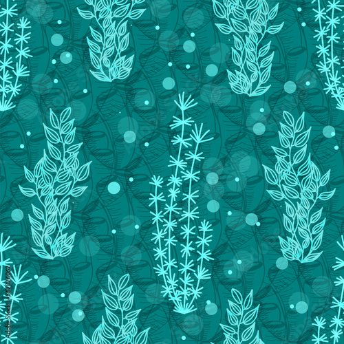 Seamless pattern with a vertical pattern of algae. Turquoise background. Trendy design seamless with underwater plants.Aqua color