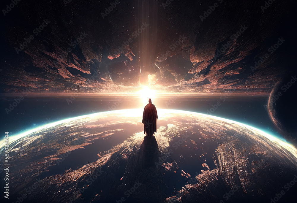 Poster God looks at earth from sky. Godless people watching our world