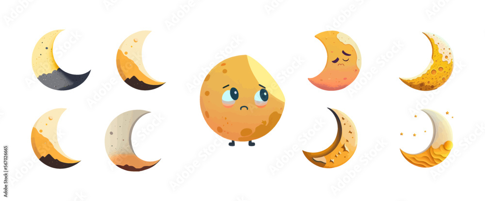 Cartoon set of moon, crescent. Cute moon collection. Isolated on white background. Vector illusrtation Cartoon set of moon, crescent. Cute moon collection. Isolated on white background. Vector illusrtation