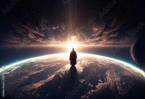 God looks at earth from sky. Godless people watching our world..