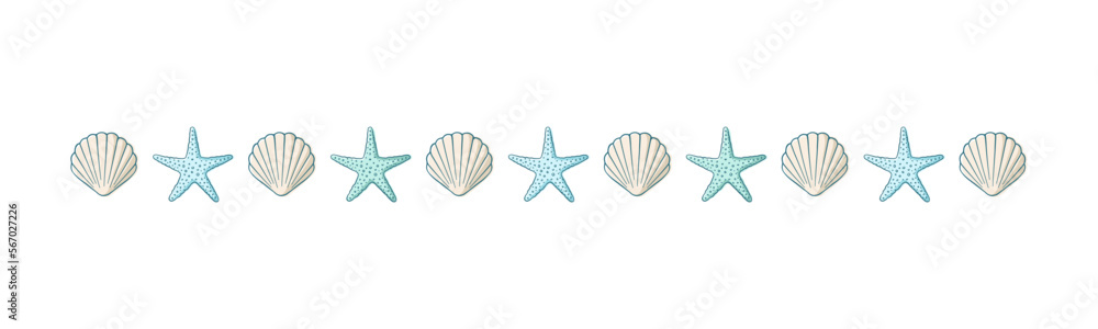Seashells border divider. Sea and ocean design template. Vector illustration summer or beach party, advertising design Seashells border divider. Sea and ocean design template. Vector illustration summer or beach party, advertising design