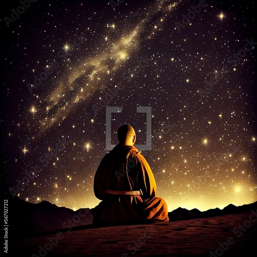 Buddhist monk meditating under star night sky . Energy and power of meditation concept. Peculiar image. Generative AI