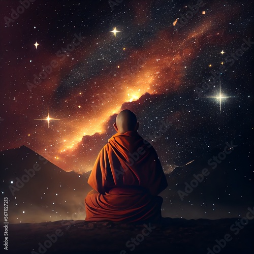 Buddhist monk meditating under star night sky . Energy and power of meditation concept. Peculiar image. Generative AI