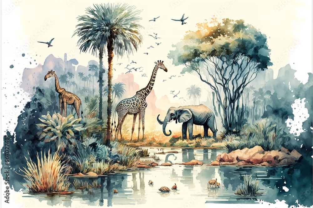 African tropical rainforest scene depicted in a 3D watercolor painting with trees close to a river and giraffes. Generative Ai - obrazy, fototapety, plakaty 