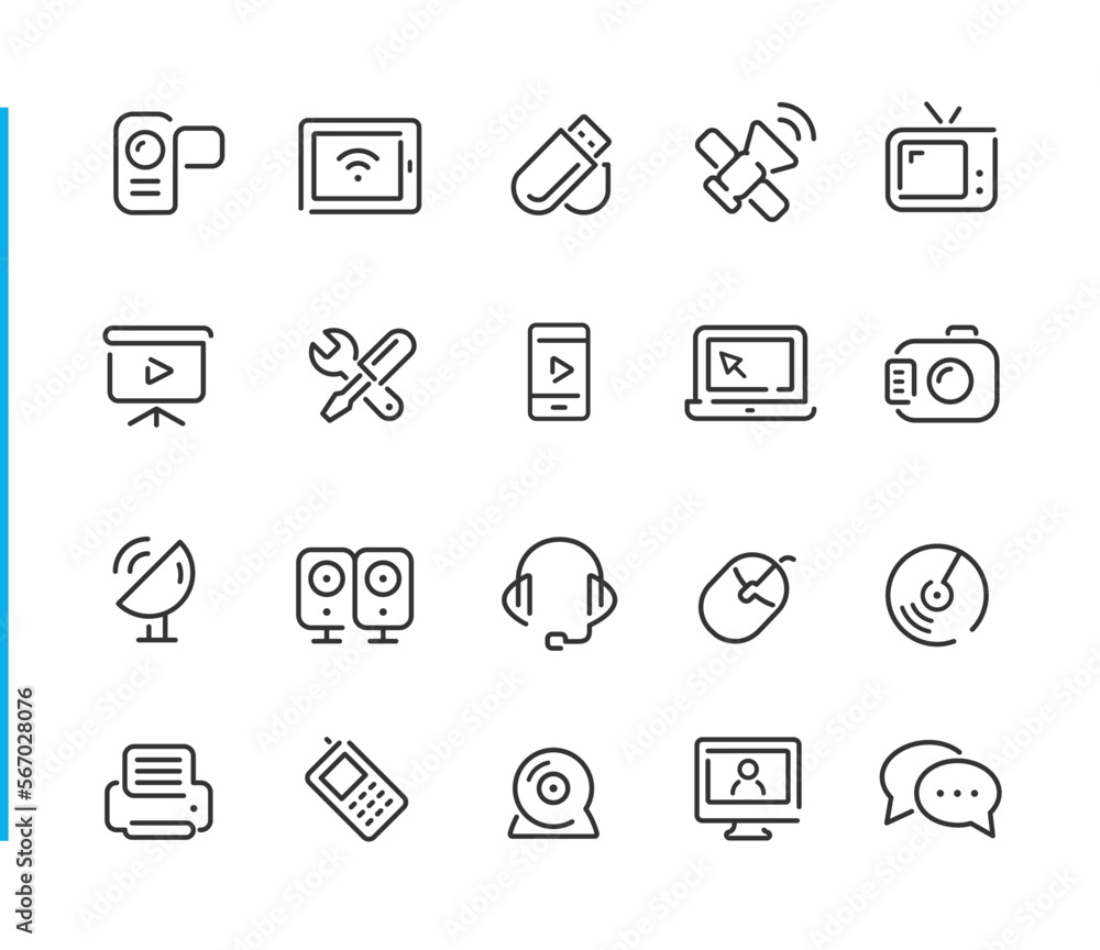 Communication Devices and Tools Blue Line Series Vector line icons