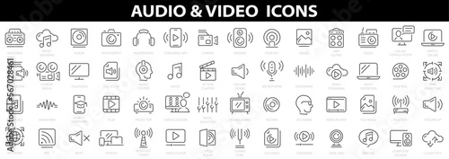 Audio Video icon set. Line icon collection set. Music, Cinema, File, Song, Movie and more. Simple vector icons. Vector illustration photo