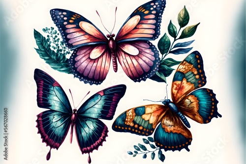 Set of colorful flying butterflies. generative ai, Beautiful watercolor Set  © DurffeeMill