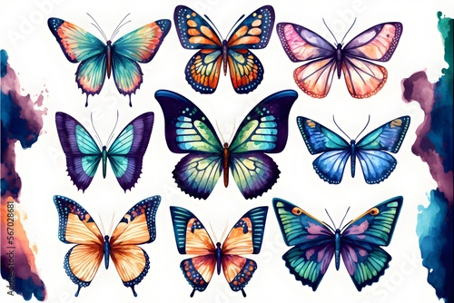 Set of colorful flying butterflies. generative ai, Beautiful watercolor Set 