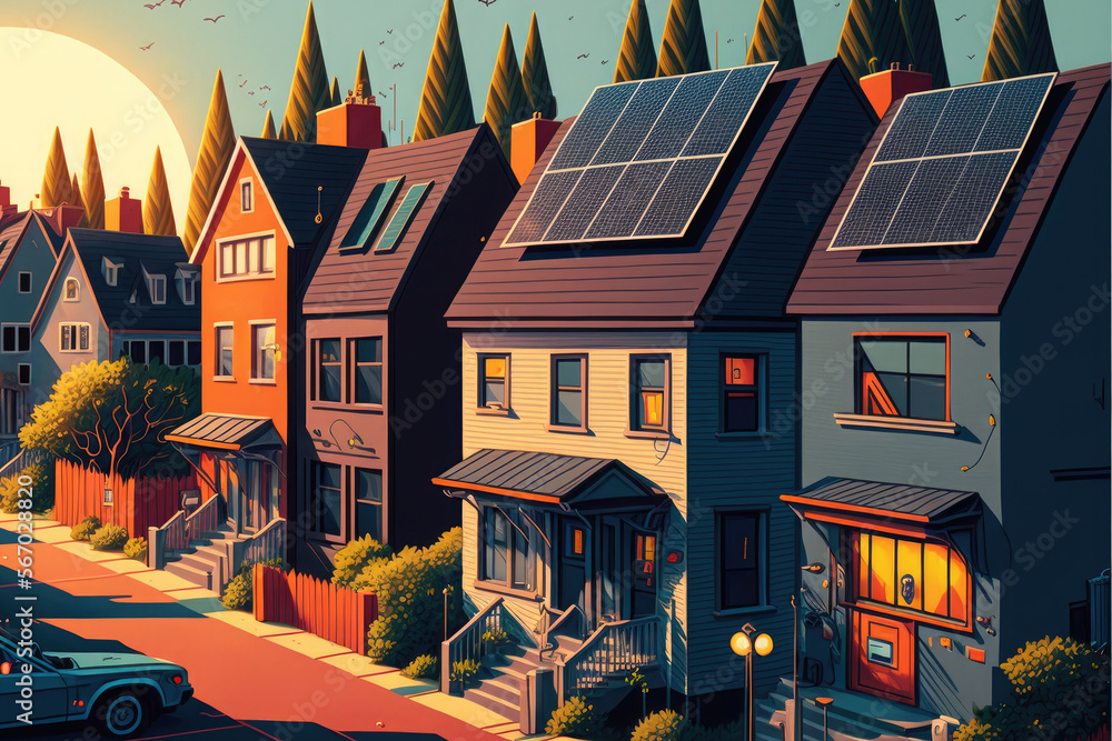 Solar panels on houses. Alternative energy. Generative AI