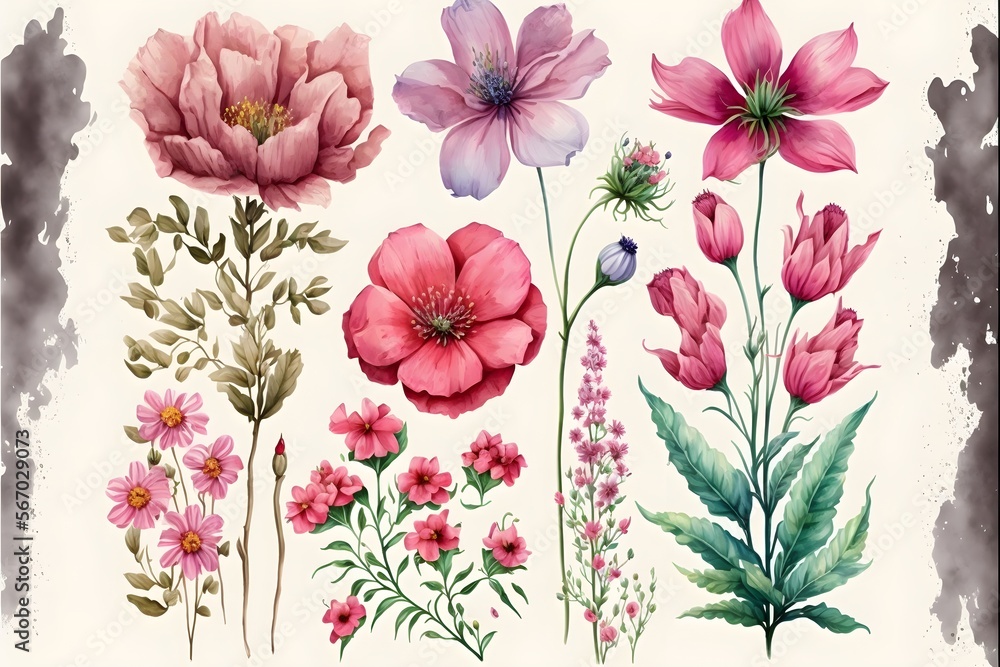 ピンクの庭の花、美しい花の要素、生成 ai、花、花、パターン、自然、葉、デザイン、イラスト、植物のセット, generative ai