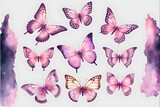 ピンクの飛ぶ蝶のセット。 generative ai、美しい水彩セット