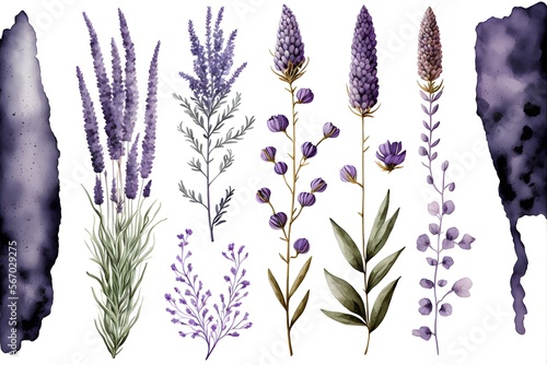 Set of purple lavender. Beautiful floral elements  generative ai graphic  pattern  color  card  illustration  purple  violet  harvest